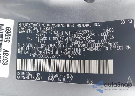 2011 Toyota Sienna Xle V6 из США, поврежденный, VIN 5TDYK3DCXBS025121